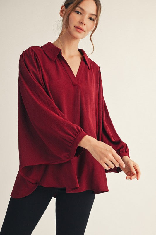 Batwing Sleeves Crinkled Top W/ Front Pleat Detail