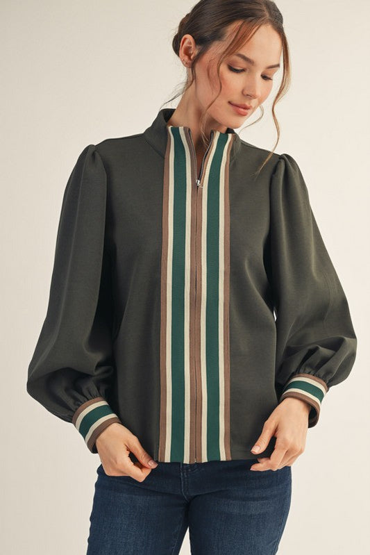 Color Rib Band Trim Accent Casual Zip Up Top
