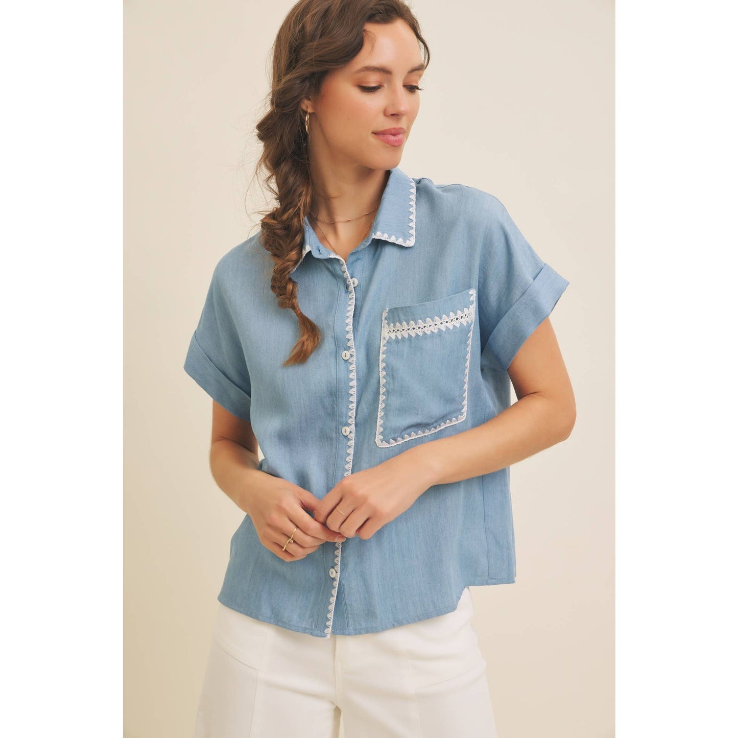 Washed Chambray Button-Down Shirt With Stitching