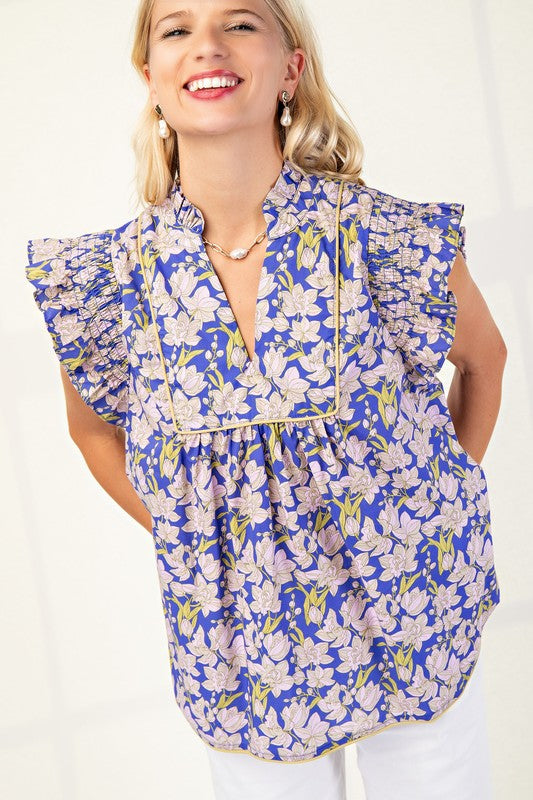 Selina V-Neck Blouse with Ruffle Sleeve Blouse