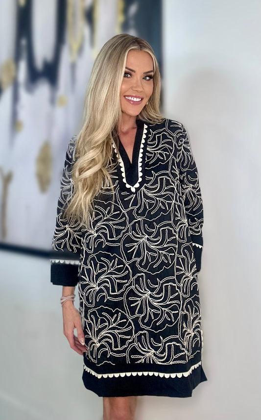 Embroidered Notch Neck Dress with 3/4 Length Sleeves