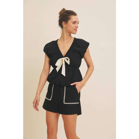 Elastic Waistband Linen Shorts With Embroidery