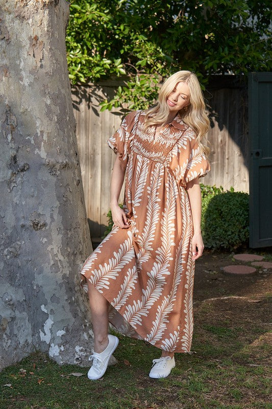Printed Short Puff Sleeve Midi Dress