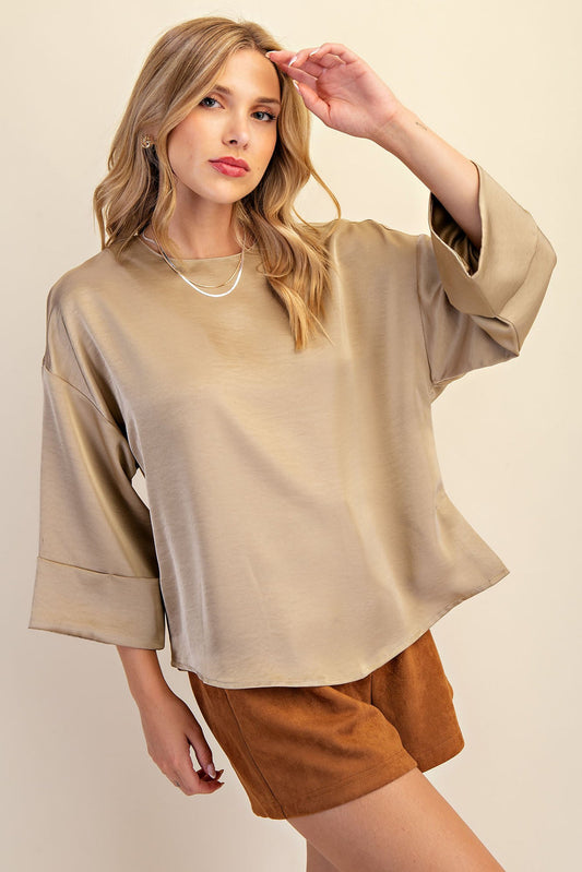 Satin Wide Cuffed Sleeve Top in Champagne