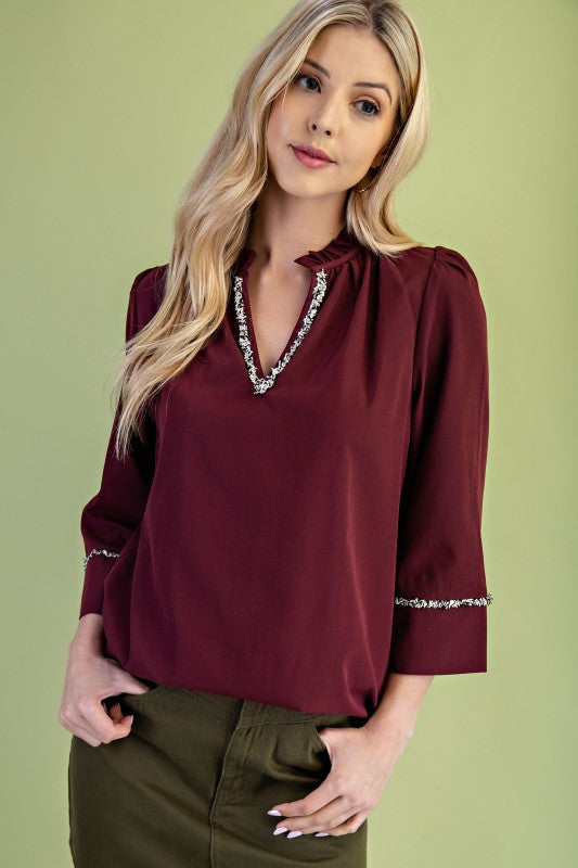 Janey 3/4 Sleeve Top in Crimson