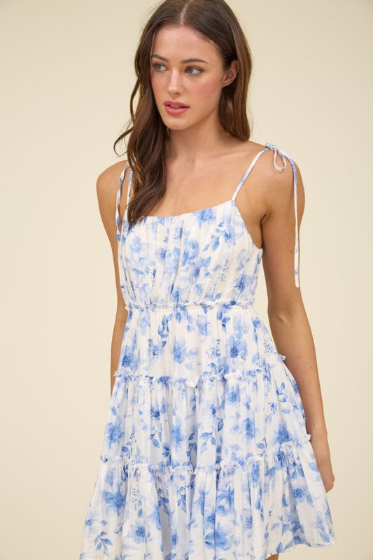 Charlee Floral Spaghetti Strap Back Tie Tiered
Mini Dress