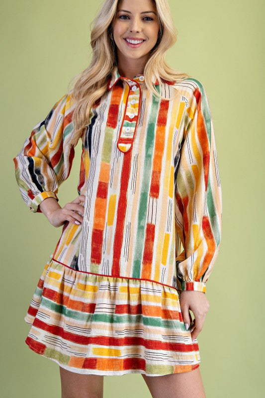 Abstract Striped Long Sleeve Dress In Brick