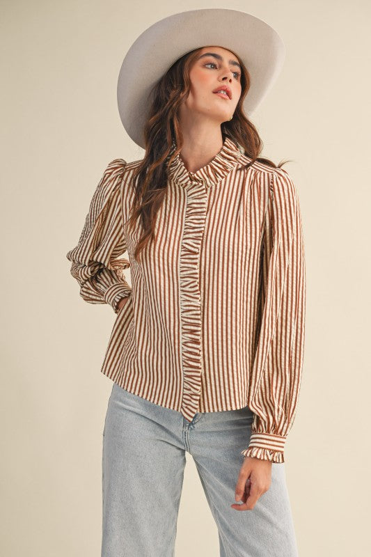 Pecan Ruffled Button Down Top