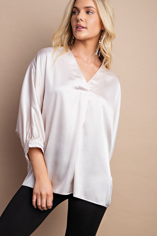 Esme Satin V-Neck Blouse in Ecru