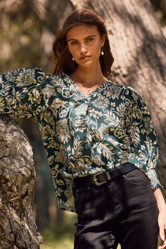 Floral printed blouse with smocked cuff