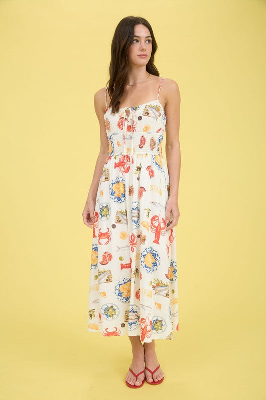 Seaside Lunch Print Spaghetti Strap Midi Dress