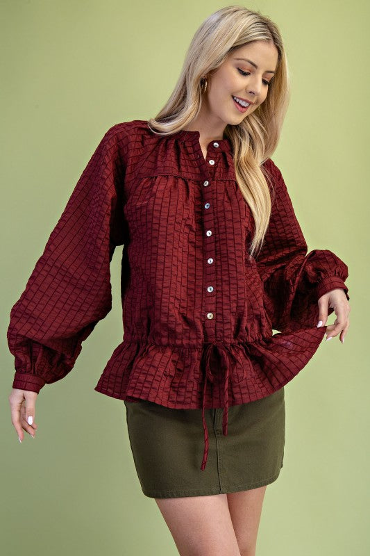 Crimson Textured Button Up Blouse