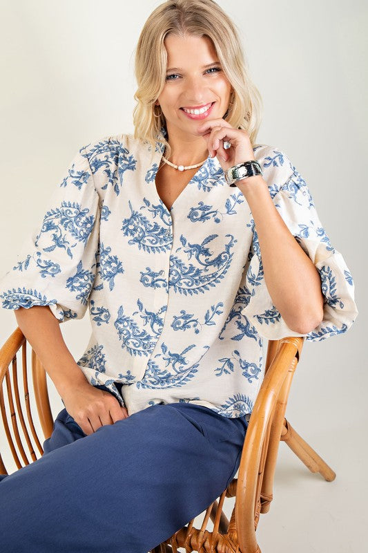 Angelia Button Down Top with 3/4 Length Sleeves in Blue Floral