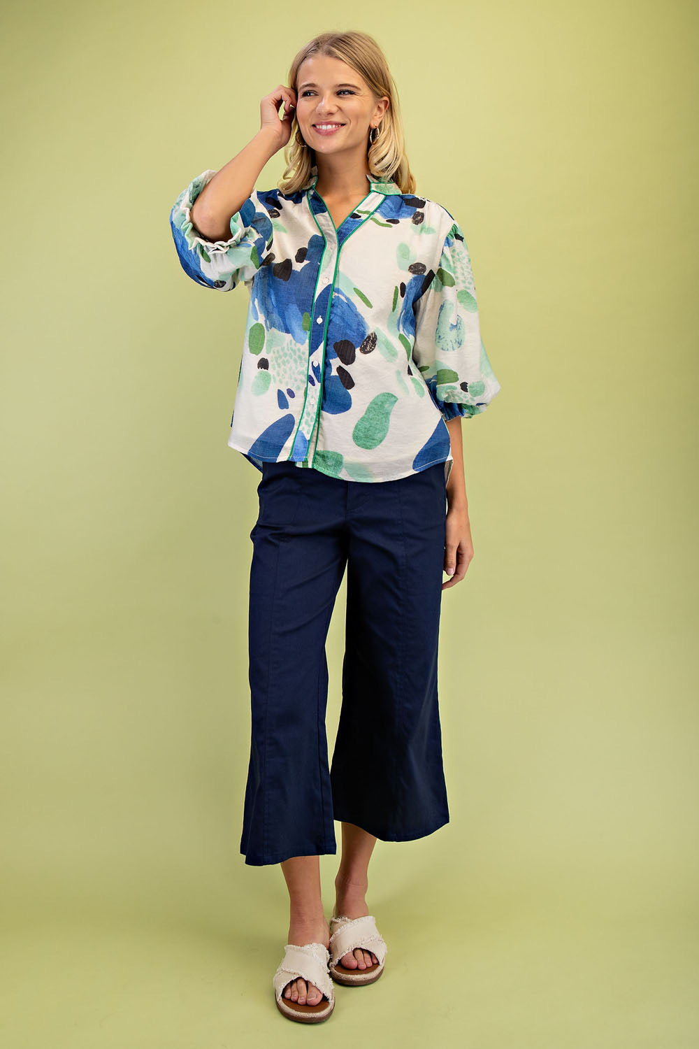 Kinsey Watercolor Button Up Top Royal/Mint