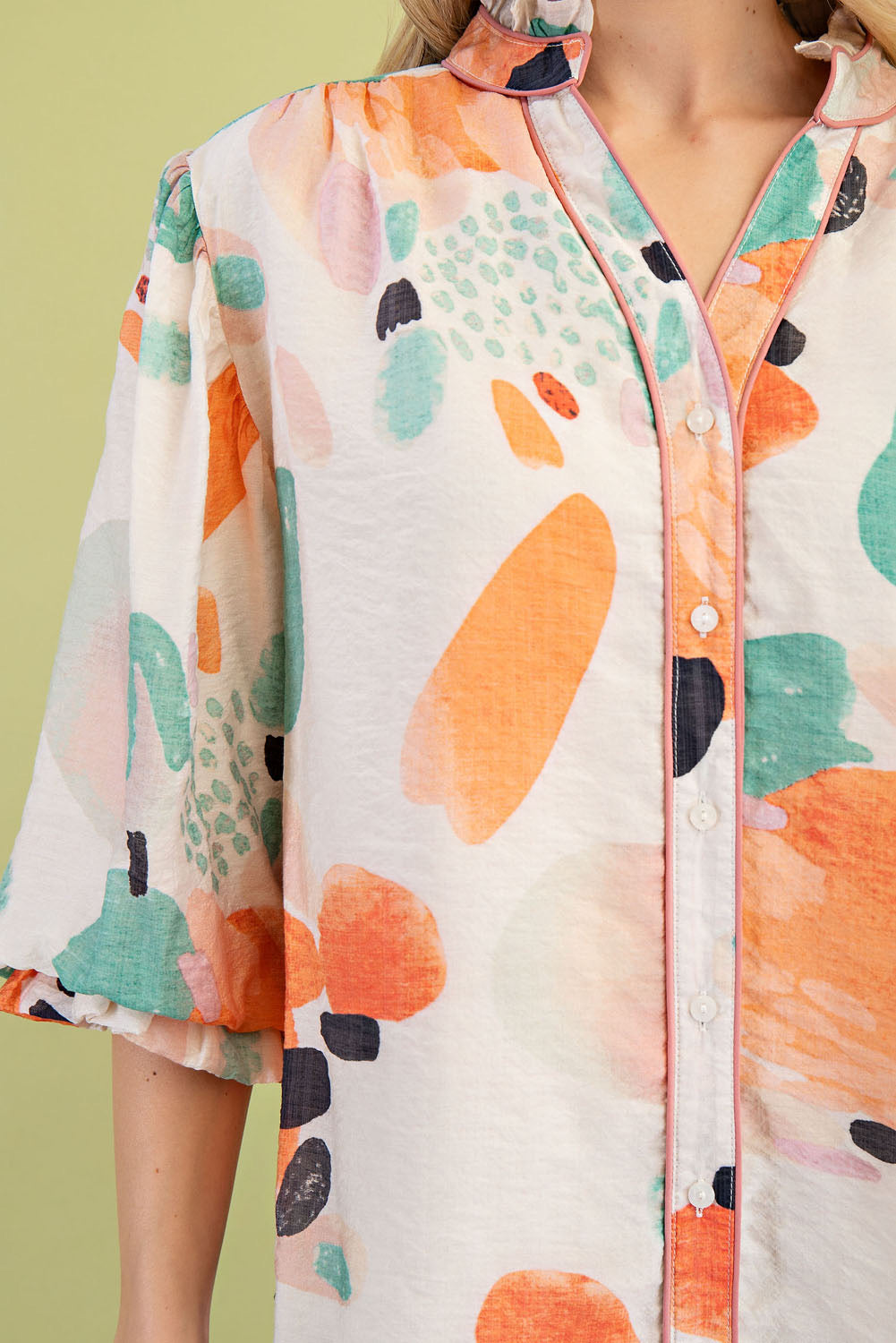 Kinsey Watercolor Button Up Top Orange/Mint