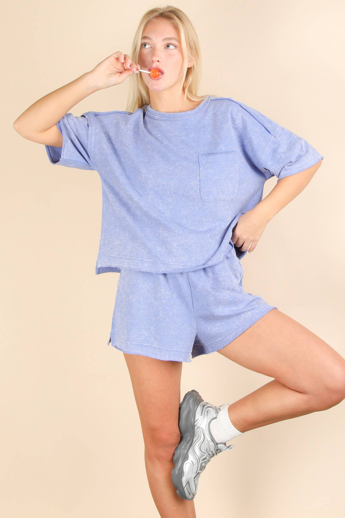 Mineral Washed Comfy Knit Top & Shorts Set