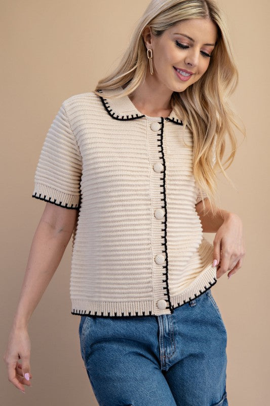 Textured Knit Short Sleeve Button Up Cardigan