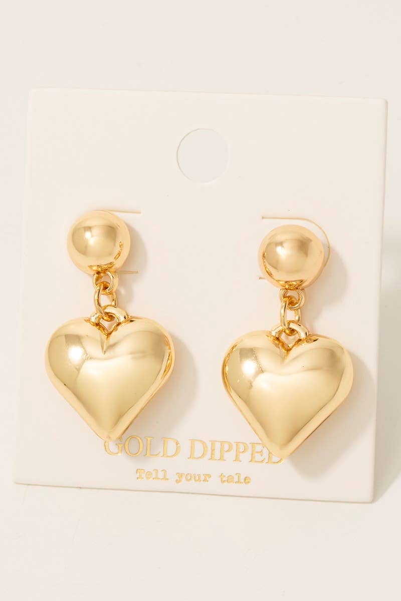 Gold Dipped Rounded Heart Dangle Earrings