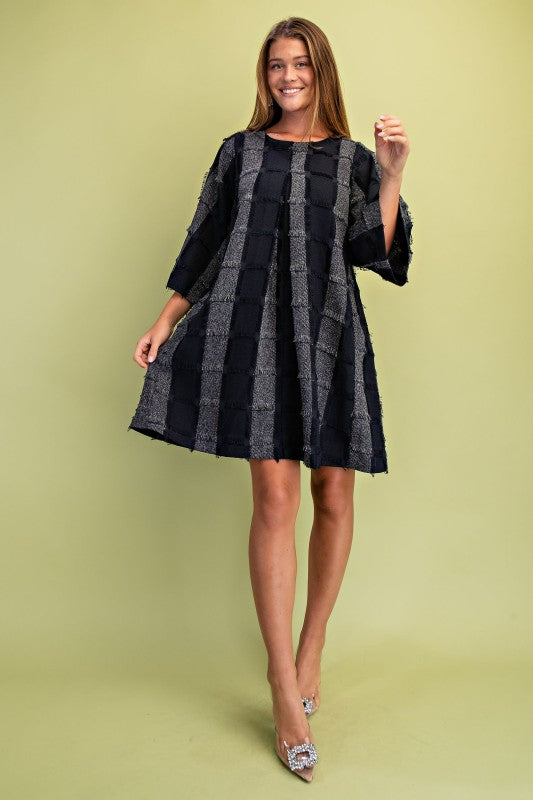 Frayed Textured Check Print Pleated Dress