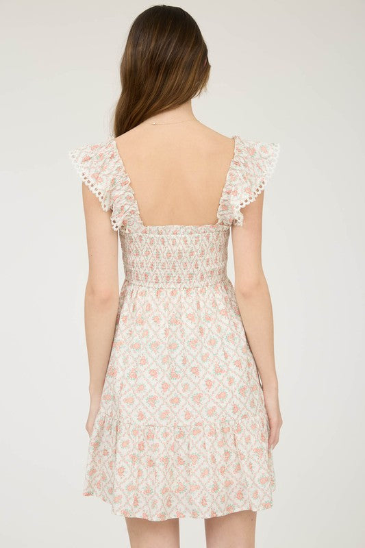 Floral Trellis Pattern Smocked Mini Dress