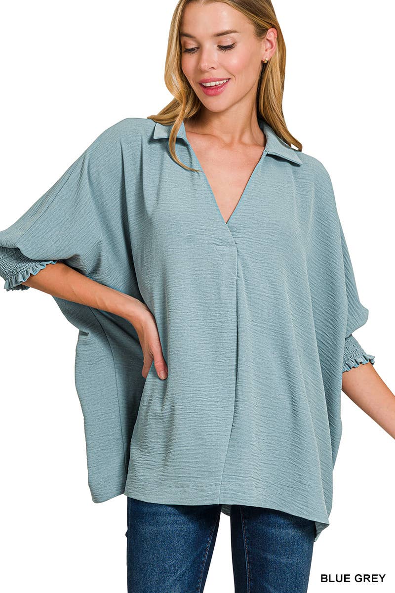 Air Flow Collar Tee With Smocked Sleeve Band Top
