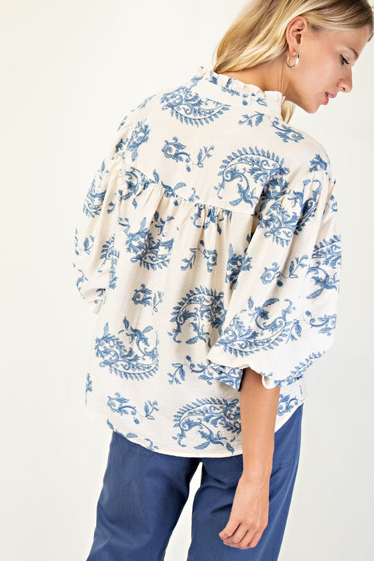 Angelia Button Down Top with 3/4 Length Sleeves in Blue Floral