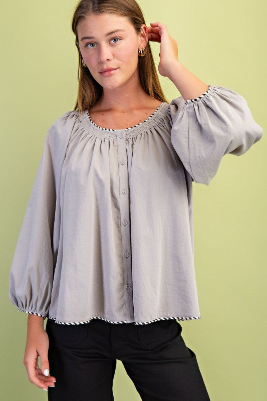 Gray Gathered Button Down Blouse