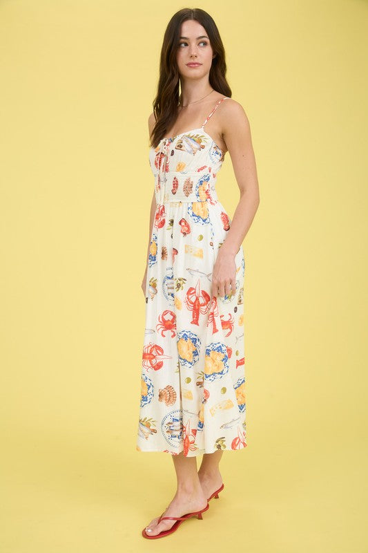 Seaside Lunch Print Spaghetti Strap Midi Dress
