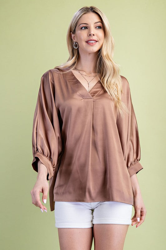 Esme Satin V-Neck Blouse in Coffee