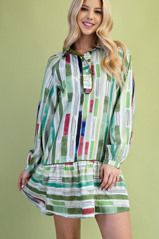 Abstract Striped Long Sleeve Dress In Olive