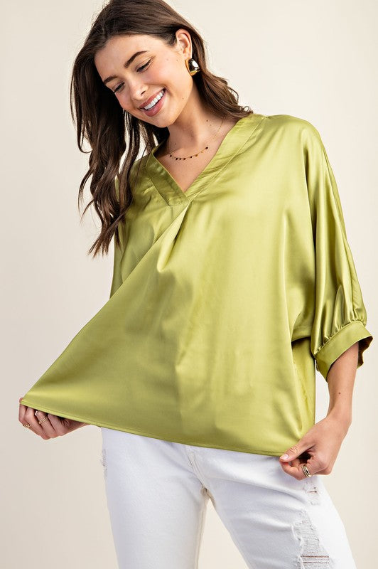 Savanna Satin V-Neck Loose Fit Blouse (Green)