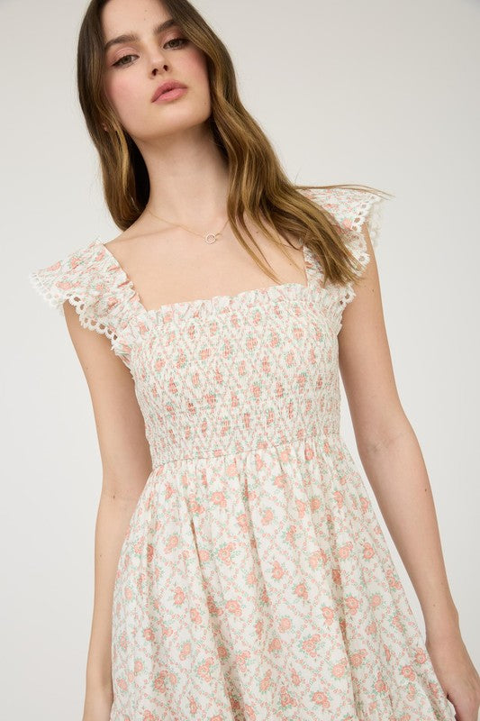 Floral Trellis Pattern Smocked Mini Dress