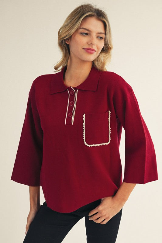 Pearl Accent Polo Sweater Top