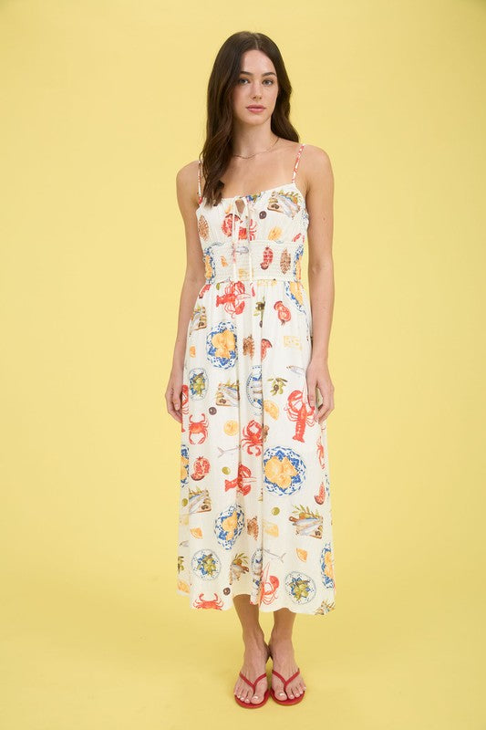 Seaside Lunch Print Spaghetti Strap Midi Dress