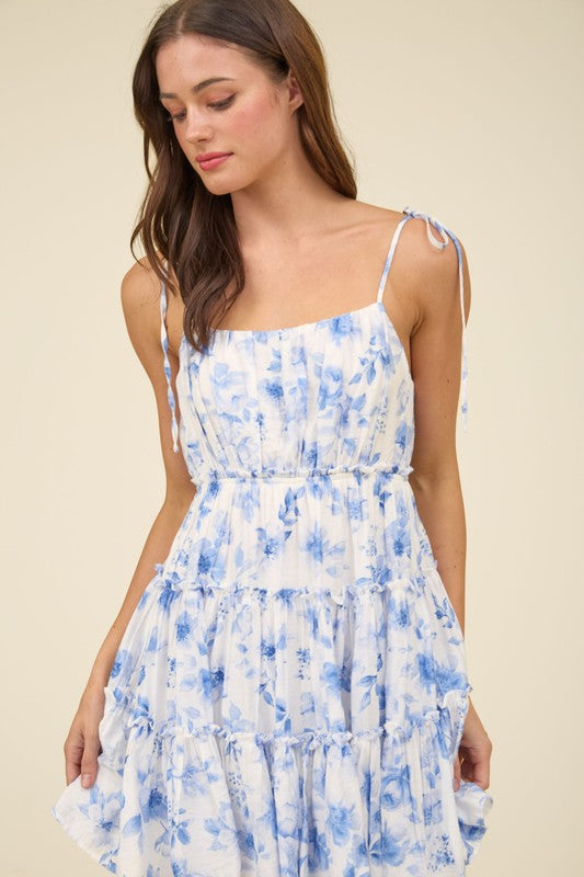 Charlee Floral Spaghetti Strap Back Tie Tiered
Mini Dress
