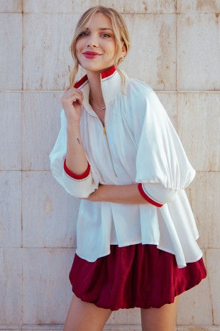 Taylor White & Crimson V-Neck Zipper Short Sleeve Top