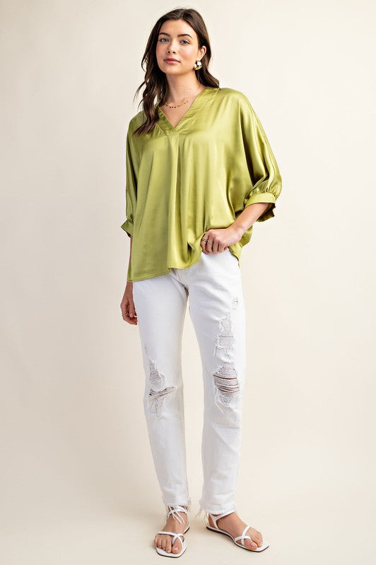 Savanna Satin V-Neck Loose Fit Blouse (Green)