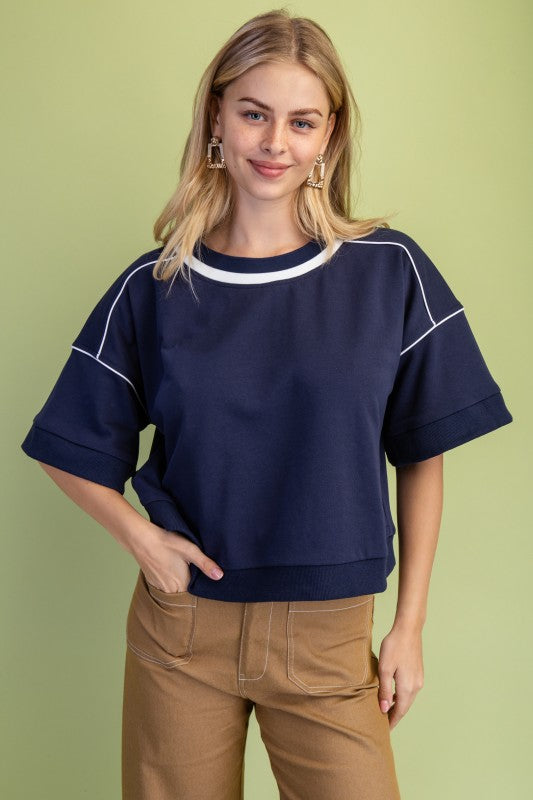 Navy & White Short Sleeve Sweatshirt