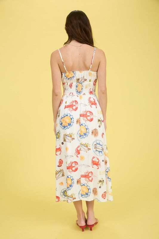 Seaside Lunch Print Spaghetti Strap Midi Dress