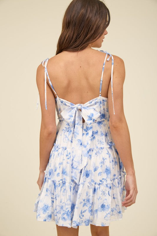 Charlee Floral Spaghetti Strap Back Tie Tiered
Mini Dress