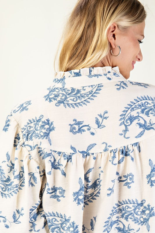 Angelia Button Down Top with 3/4 Length Sleeves in Blue Floral