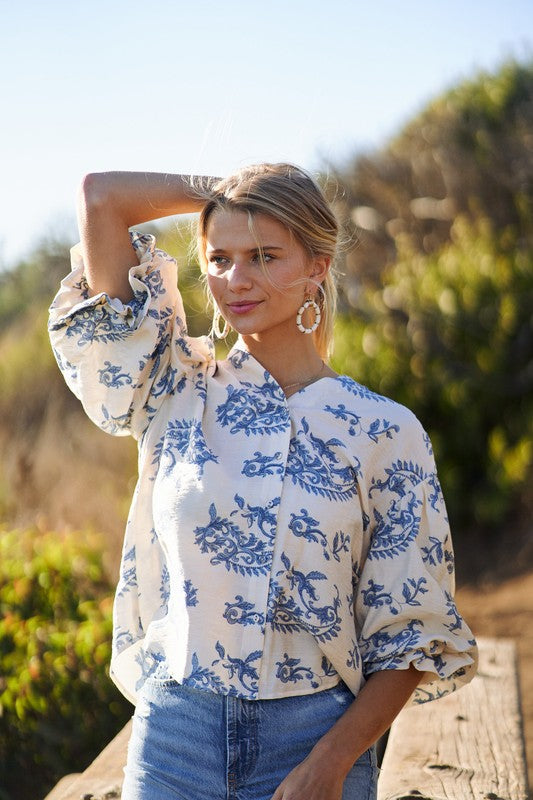 Angelia Button Down Top with 3/4 Length Sleeves in Blue Floral