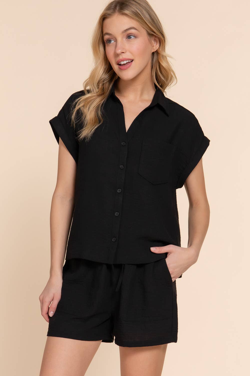 Dolman Short Sleeve Shirt & Shorts Linen Effect Set
