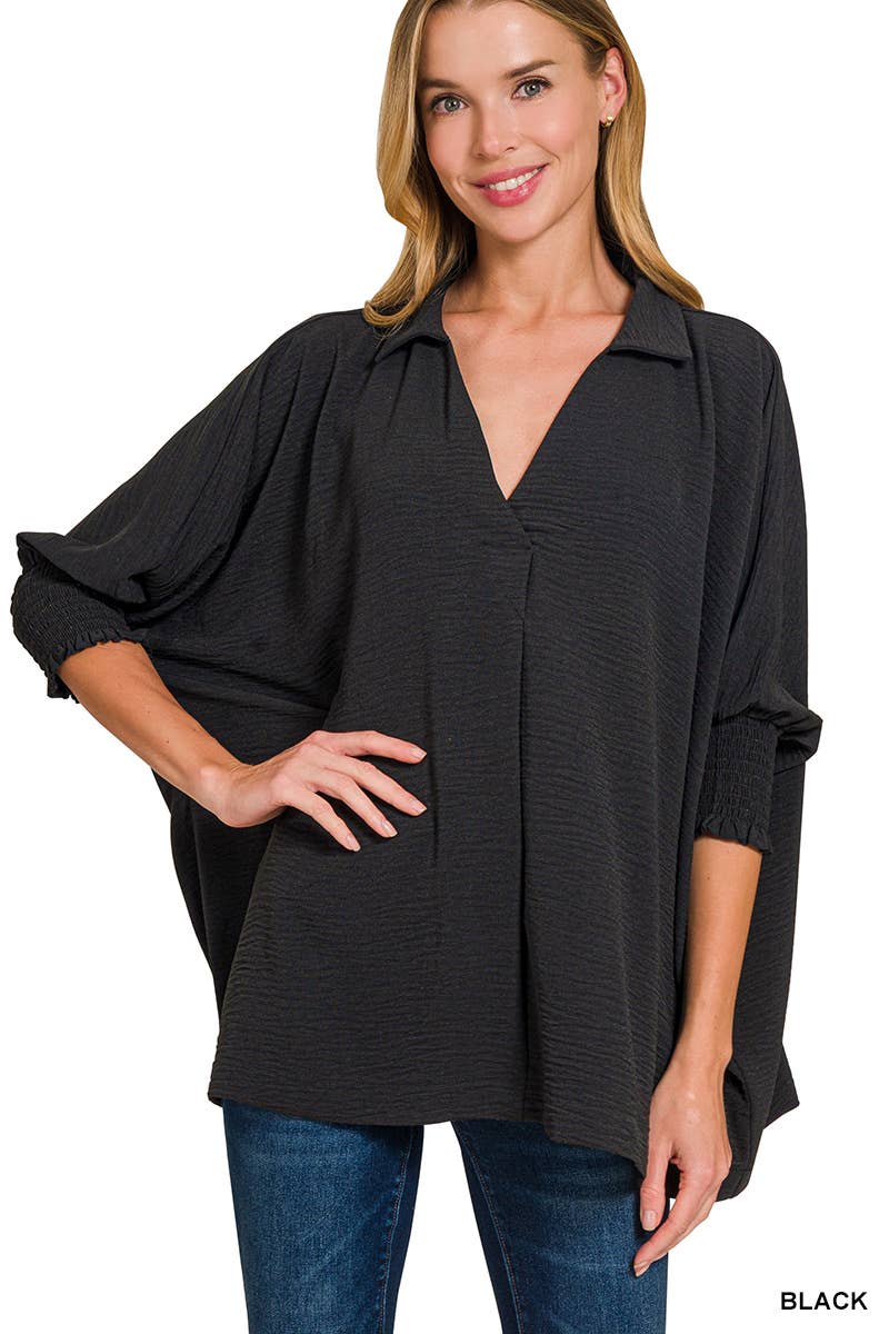 Air Flow Collar Tee With Smocked Sleeve Band Top