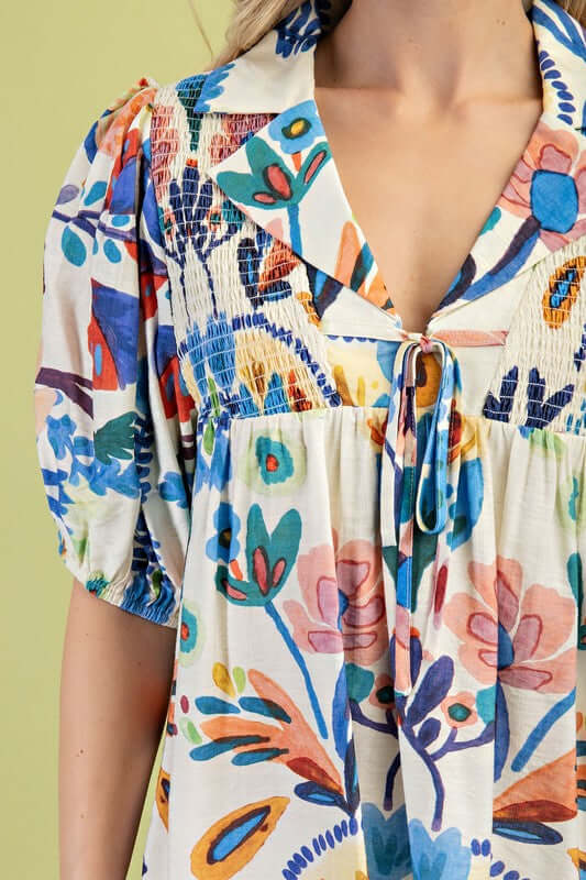 Colorful Summer Nights Collared Blouse with tie strings and smocking, perfect for casual outings.