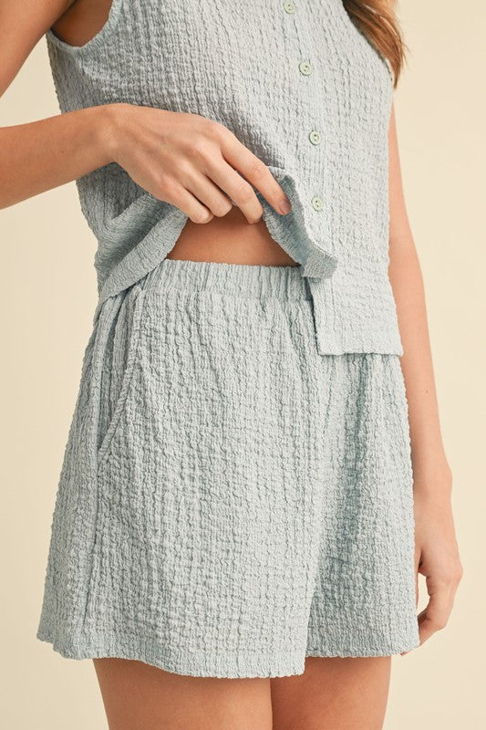Textured knit button tank top and shorts set in light blue, perfect for summer outfits with a stretchy waistband.