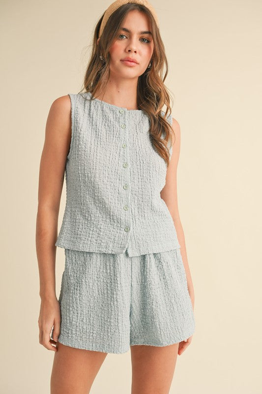 Textured knit button tank top and shorts set in light blue, perfect for stylish summer outfits.