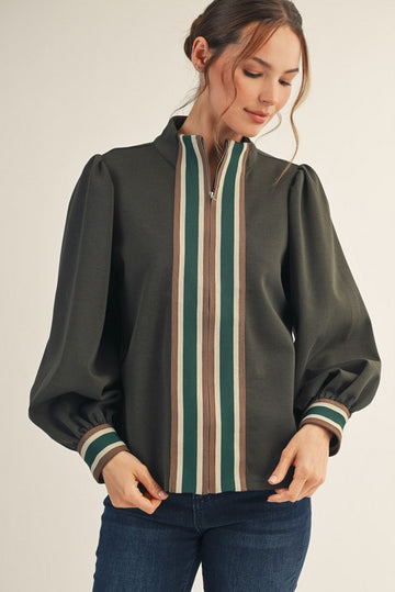 Color Rib Band Trim Accent Casual Zip Up Top