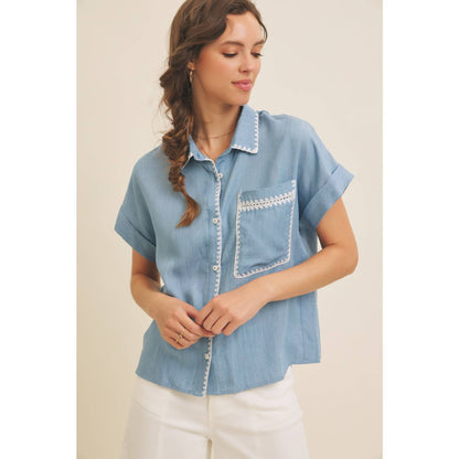 Washed Chambray Button-Down Shirt With Stitching