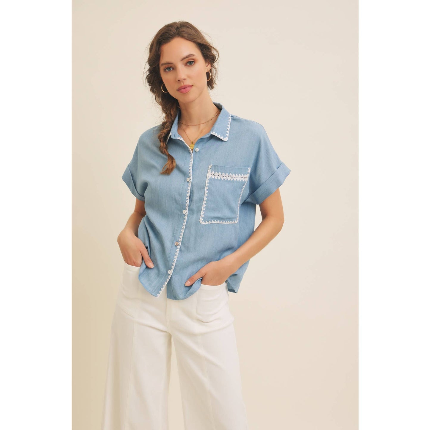 Washed Chambray Button-Down Shirt With Stitching